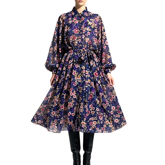 Vintage 80s blue floral chiffon sheer blouson belted long sleeve midi dress - Picture 3 of 17